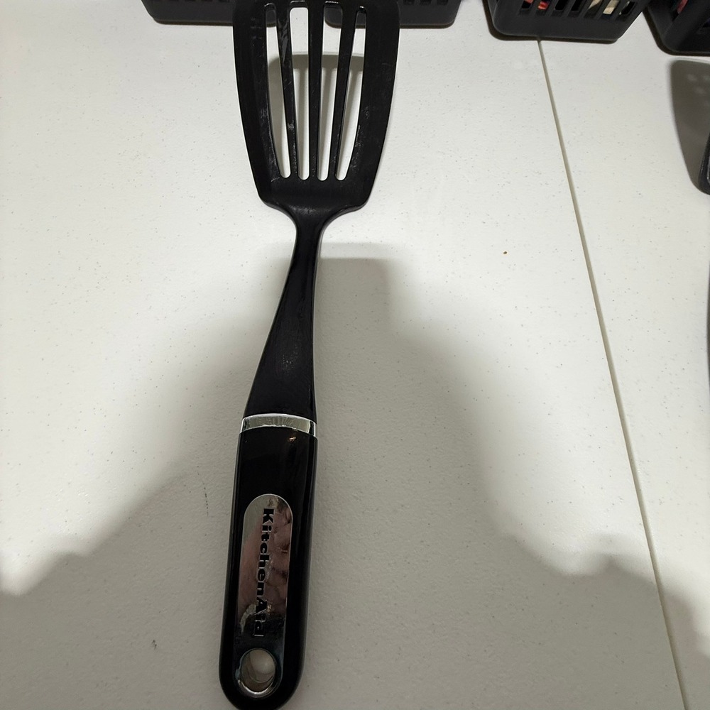 KitchenAid Slotted Turner Spatula Black Nylon Heat Resistant Chrome Accent